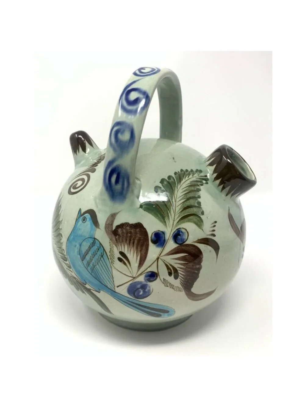 Vintage Noe Suro Tonala Teapot Floral Blue Bird Folk Art Mexico Signed 8x6